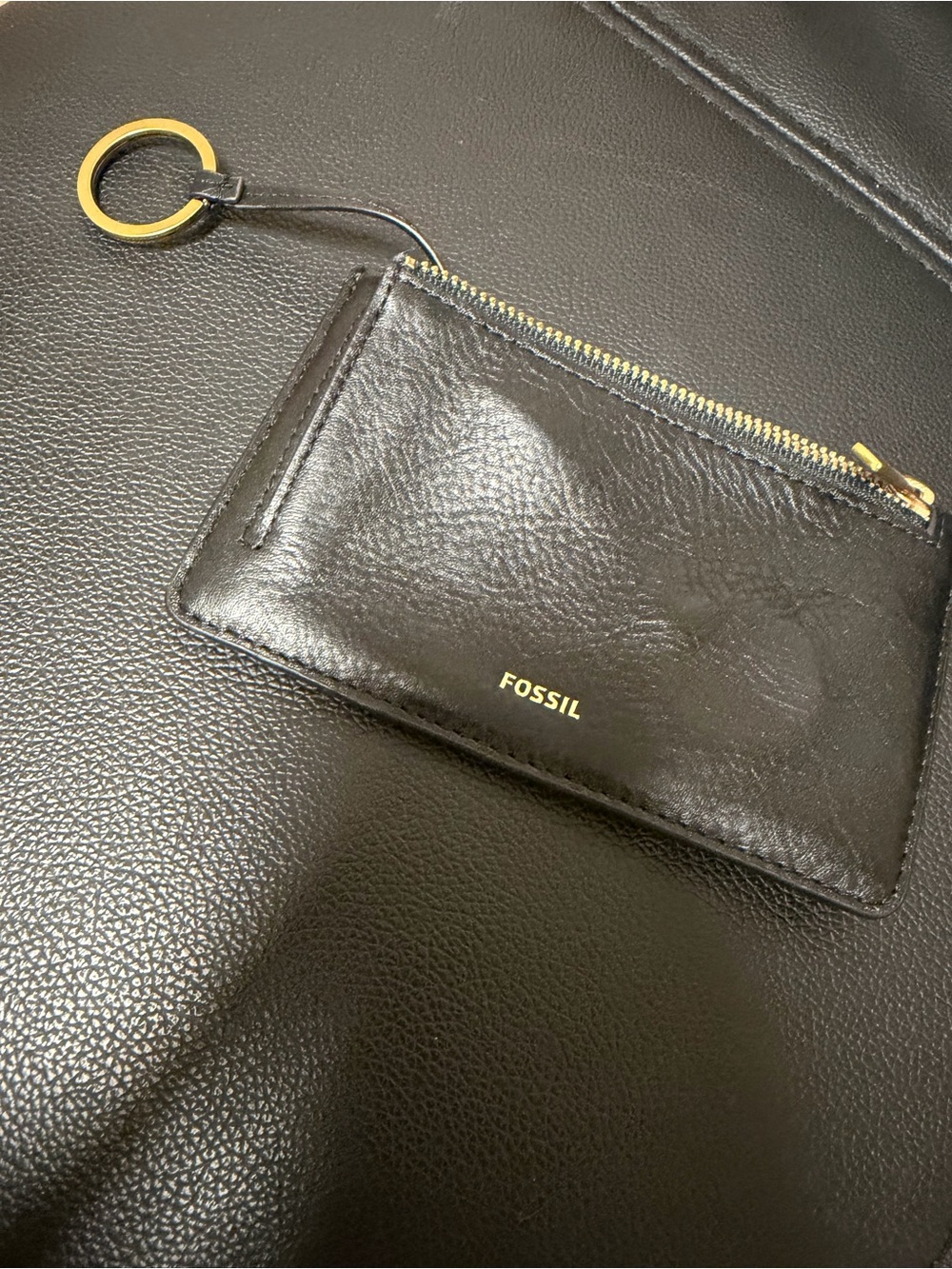 Fossil Black Leather Card Pouch with Gold Hardware